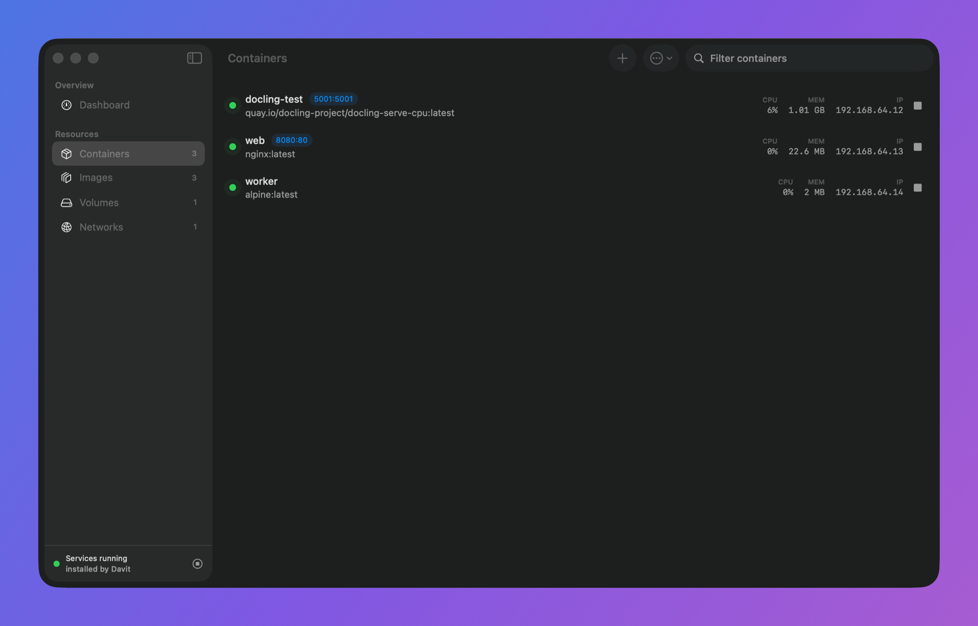 Container list with live per-container CPU, memory and IP