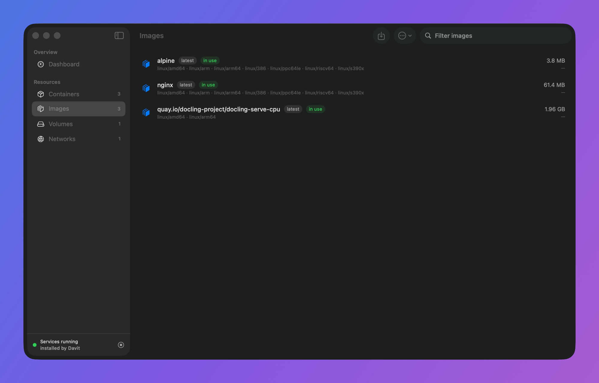 Image list with platform variants, sizes and in-use badges